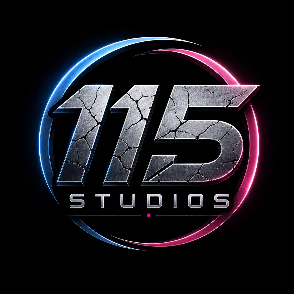 115 Studios metallic emblem with blue and pink signal arcs