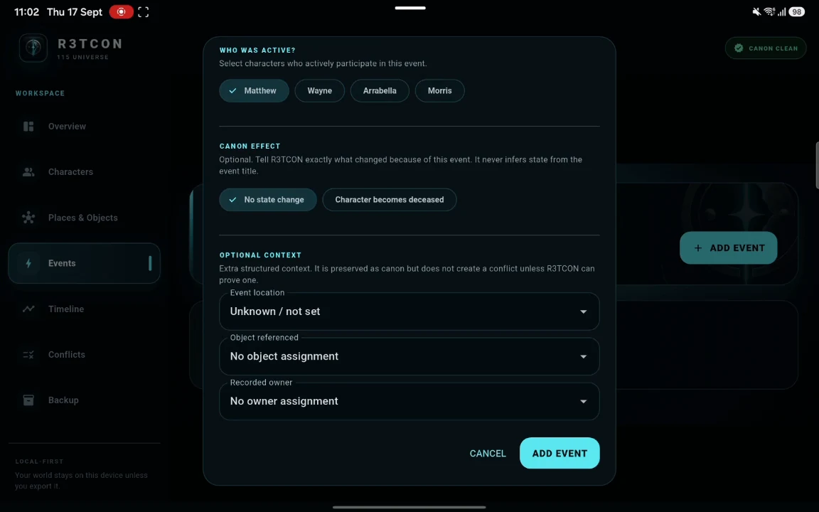 R3TCON canon event editor with event attributes