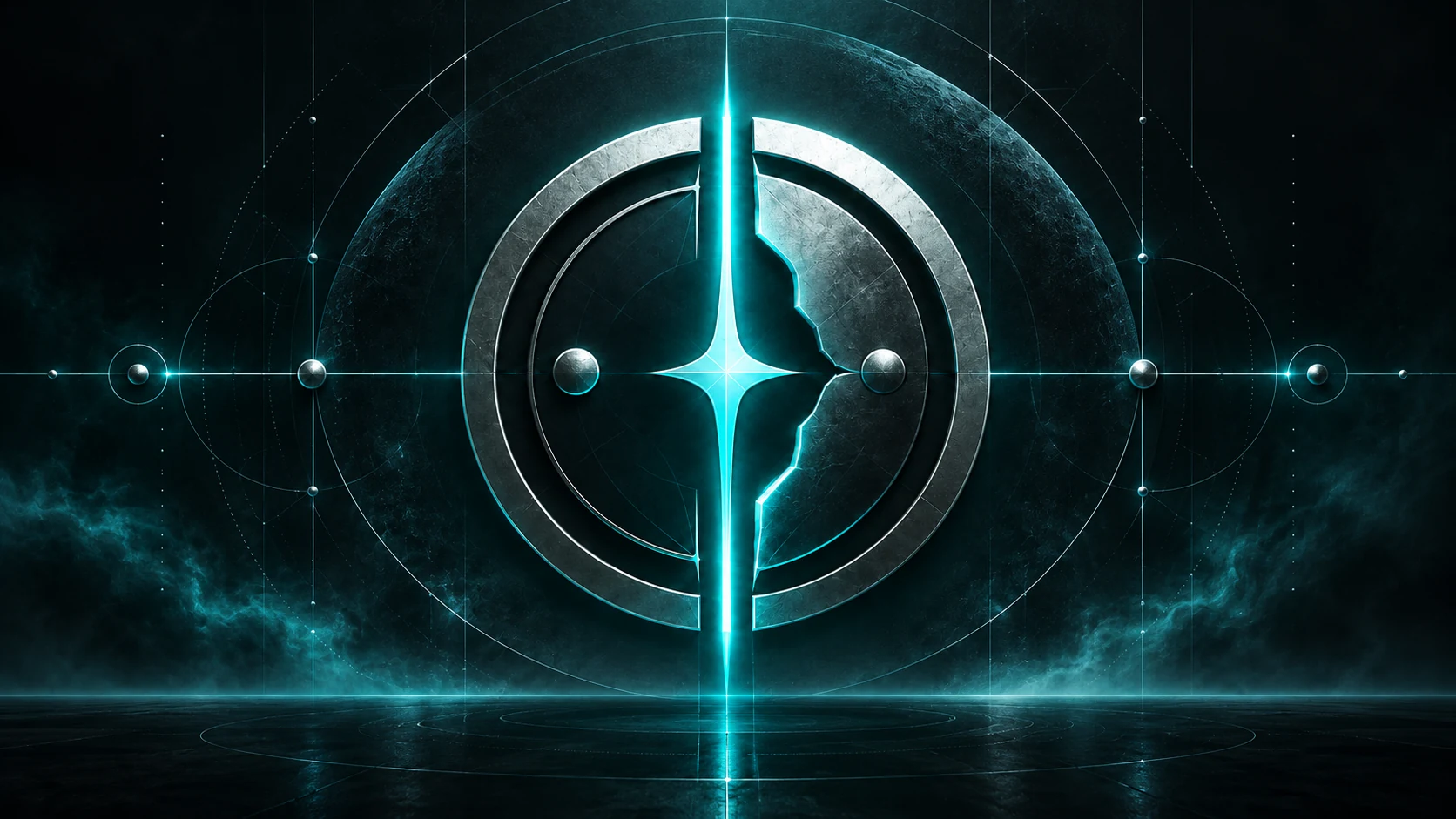 R3TCON fractured teal emblem inside a technical orbital field