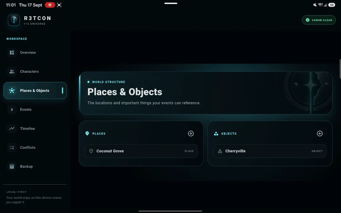 R3TCON Places and Objects workspace running on a tablet